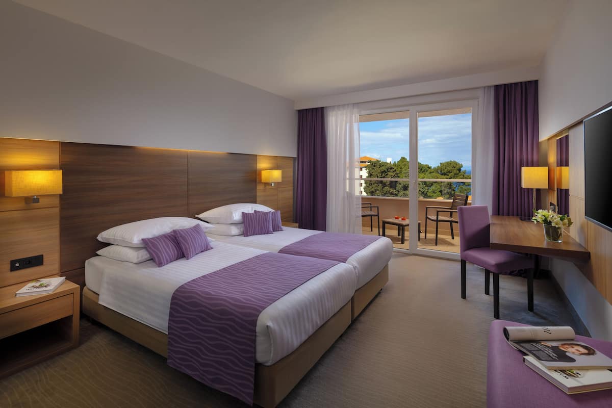 Una habitación de hotel con dos camas, un escritorio, una silla y un televisor.