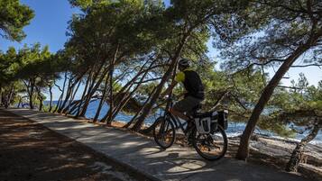 A person riding a bicycle along a paved path with trees and a body of water in the background.