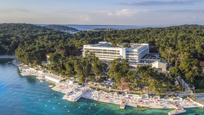 Vista aérea de un hotel costero con un puerto deportivo, rodeado de vegetación exuberante y aguas azules cristalinas.