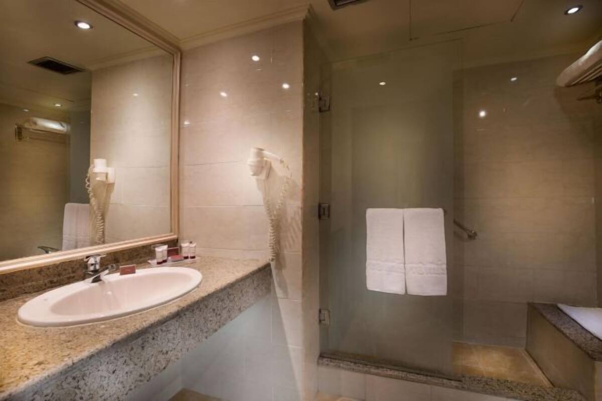 Shower, free toiletries, hair dryer, slippers