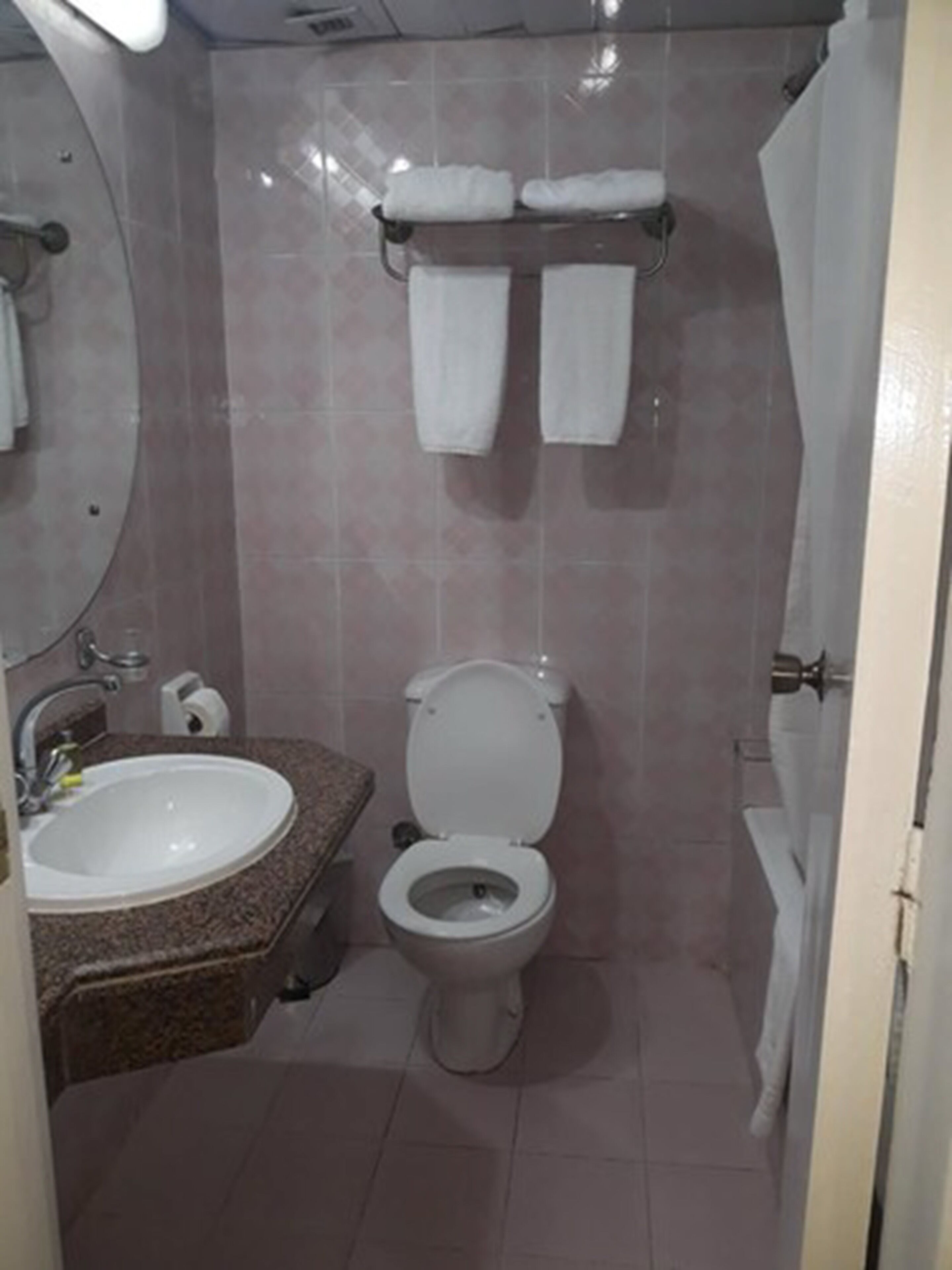 Bagno con lavandino, WC e portasciugamani con due asciugamani.