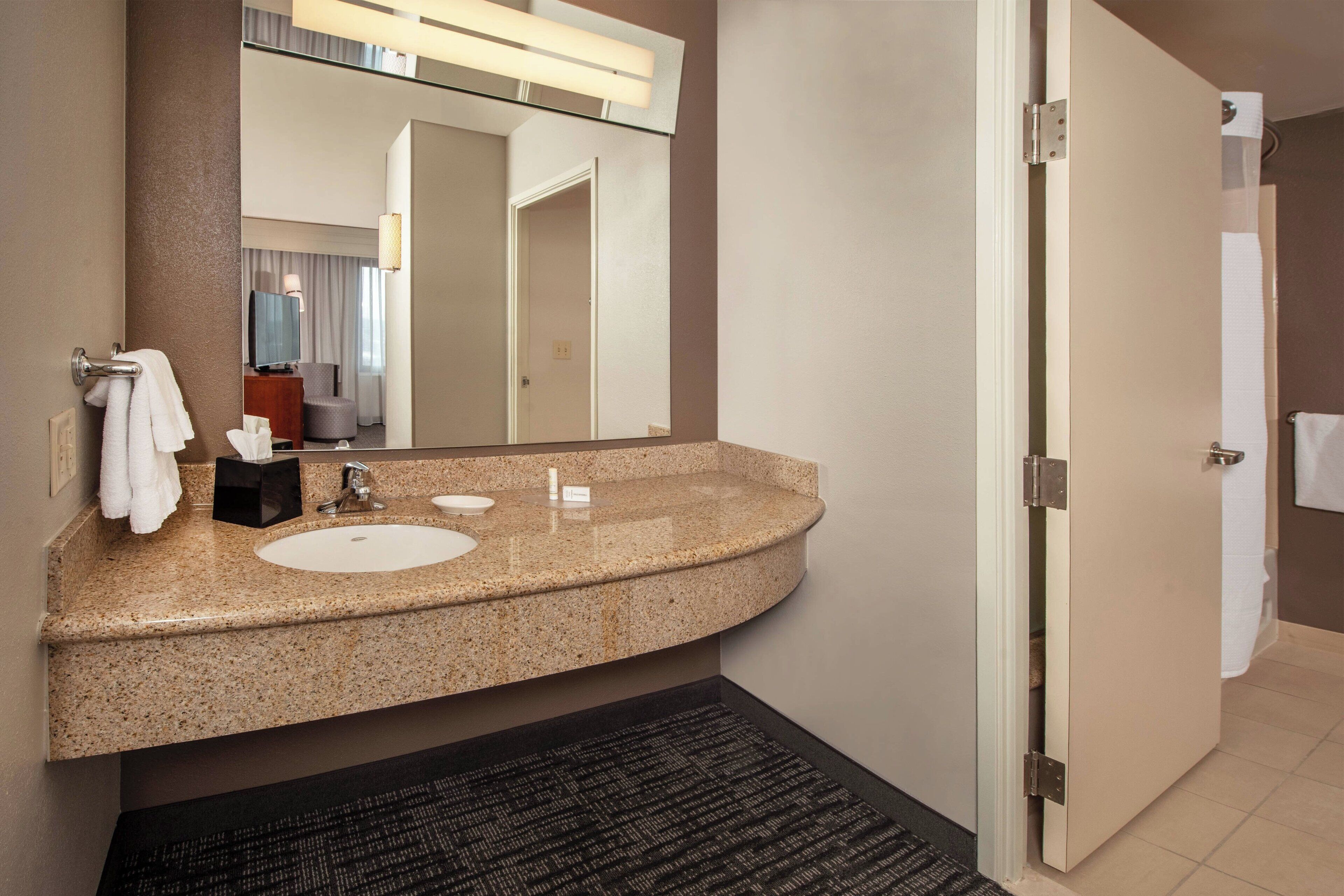 combined shower/bathtub, free toiletries, hair dryer, towels