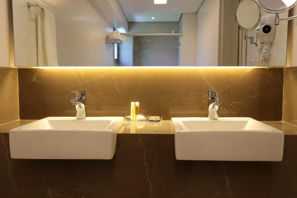 shower, rainfall showerhead, free toiletries, hair dryer