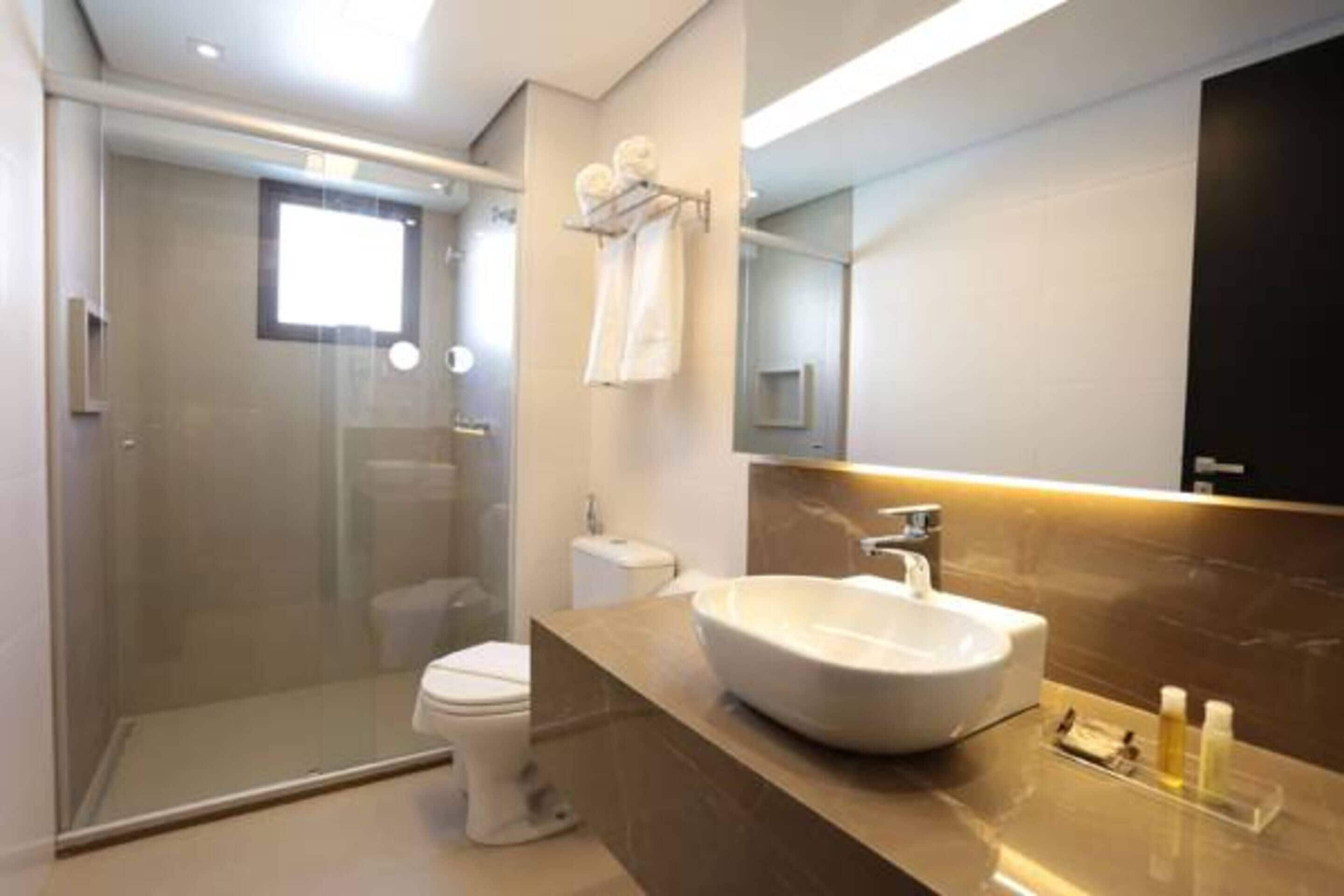 A modern bathroom with a glass shower enclosure, a white toilet, a large vessel sink, and a mirror above the sink.