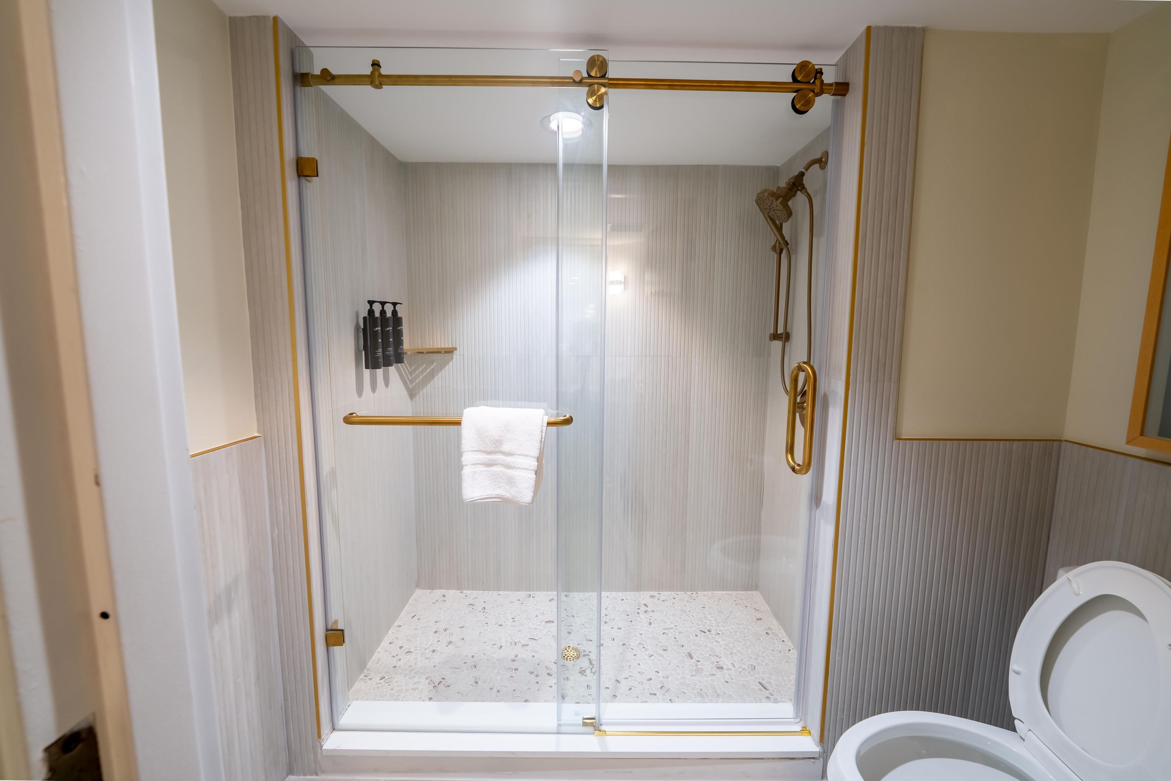 A walk-in shower with a glass door, a towel rack, and a toilet visible to the right.