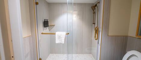 A walk-in shower with a glass door, a towel rack, and a toilet visible to the right.