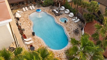 A swimming pool with lounge chairs and palm trees.