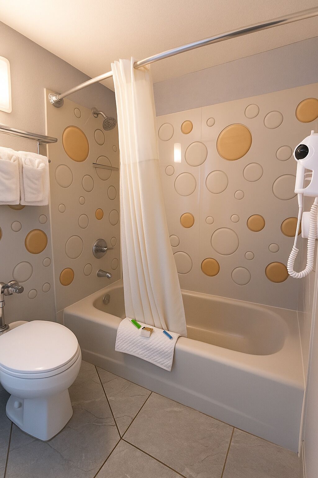 A bathroom with a bathtub, toilet, and a shower curtain.