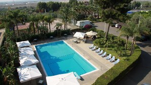 Une piscine dotée de chaises longues et de parasols, entourée de palmiers et offrant une vue sur la ville.