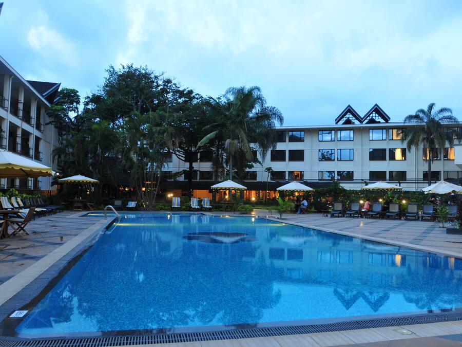 Outdoor pool, pool umbrellas, pool loungers