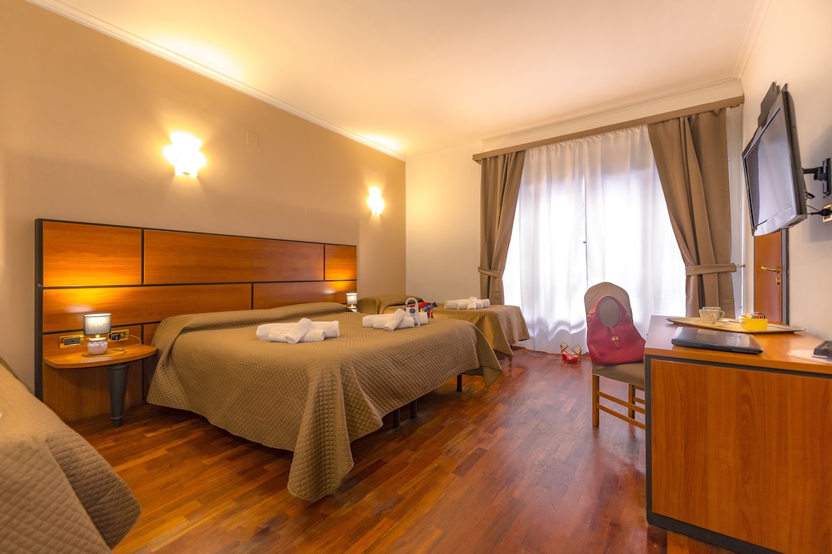 Quarto de hotel com uma cama grande, uma escrivaninha, uma cadeira, uma televisão e uma janela com cortinas.