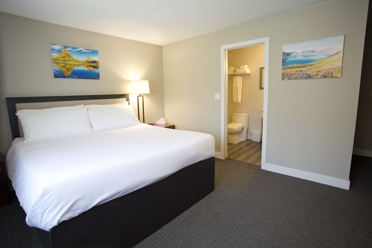 A hotel room with a large bed, a nightstand, a lamp, and two paintings on the walls.
