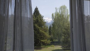 A view through a window with sheer curtains, featuring a snow-capped mountain, trees, and a fence in the foreground.