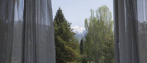 A view through a window with sheer curtains, featuring a snow-capped mountain, trees, and a fence in the foreground.