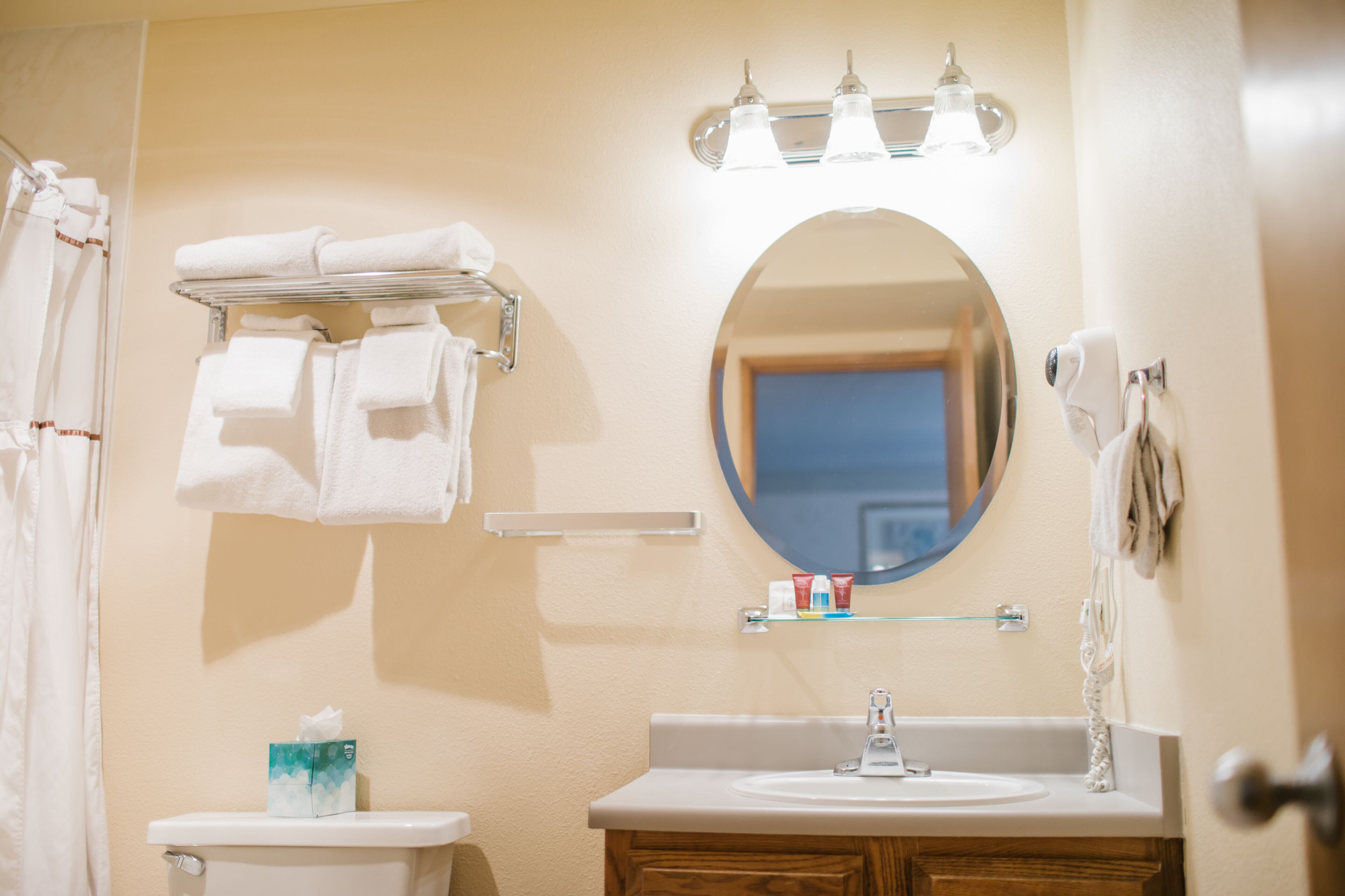A bathroom with a sink, mirror, towel rack, and a shower curtain.