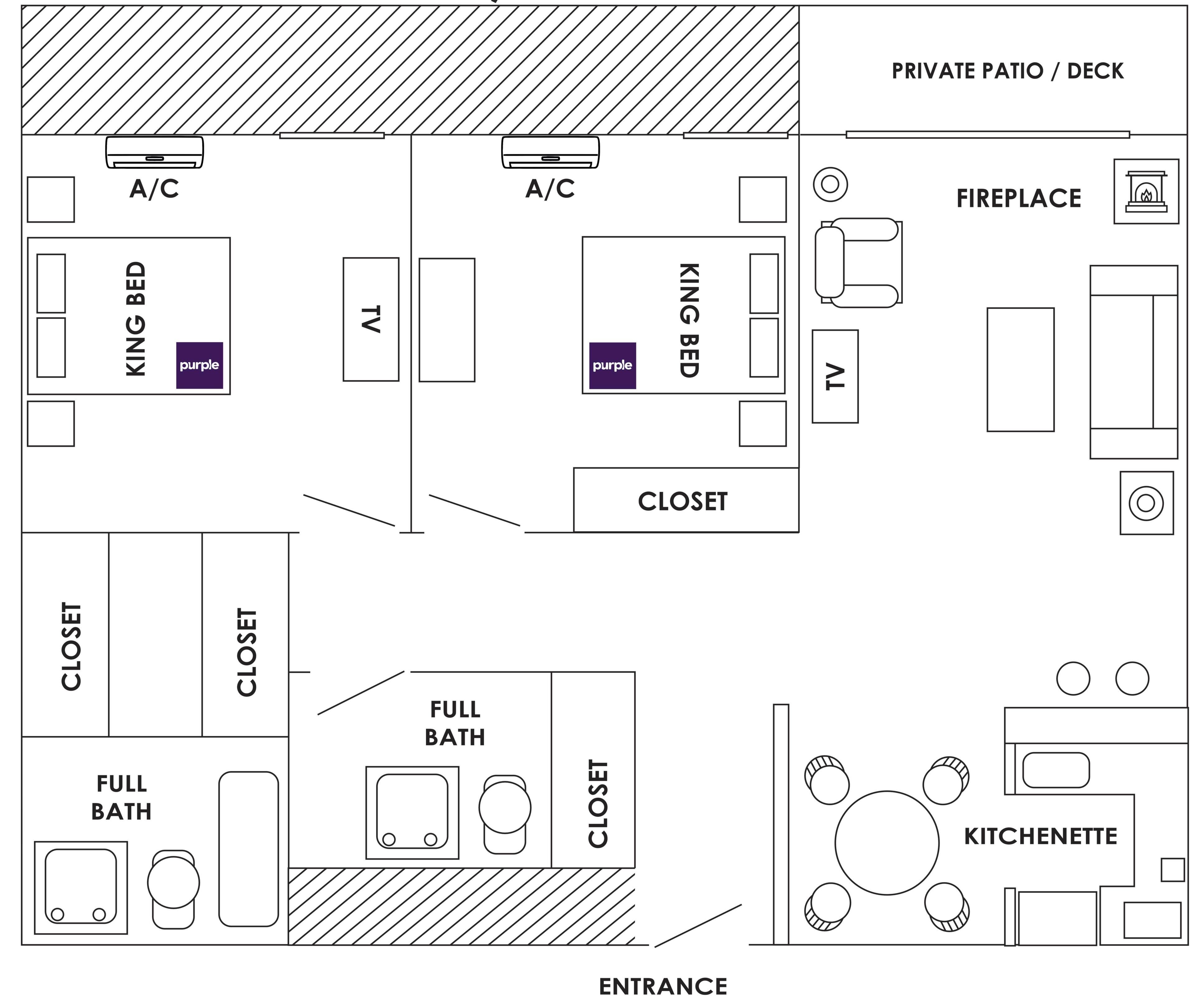 Plattegrond met een kingsize bed, televisie, kast, open haard, complete badkamer en kitchenette.