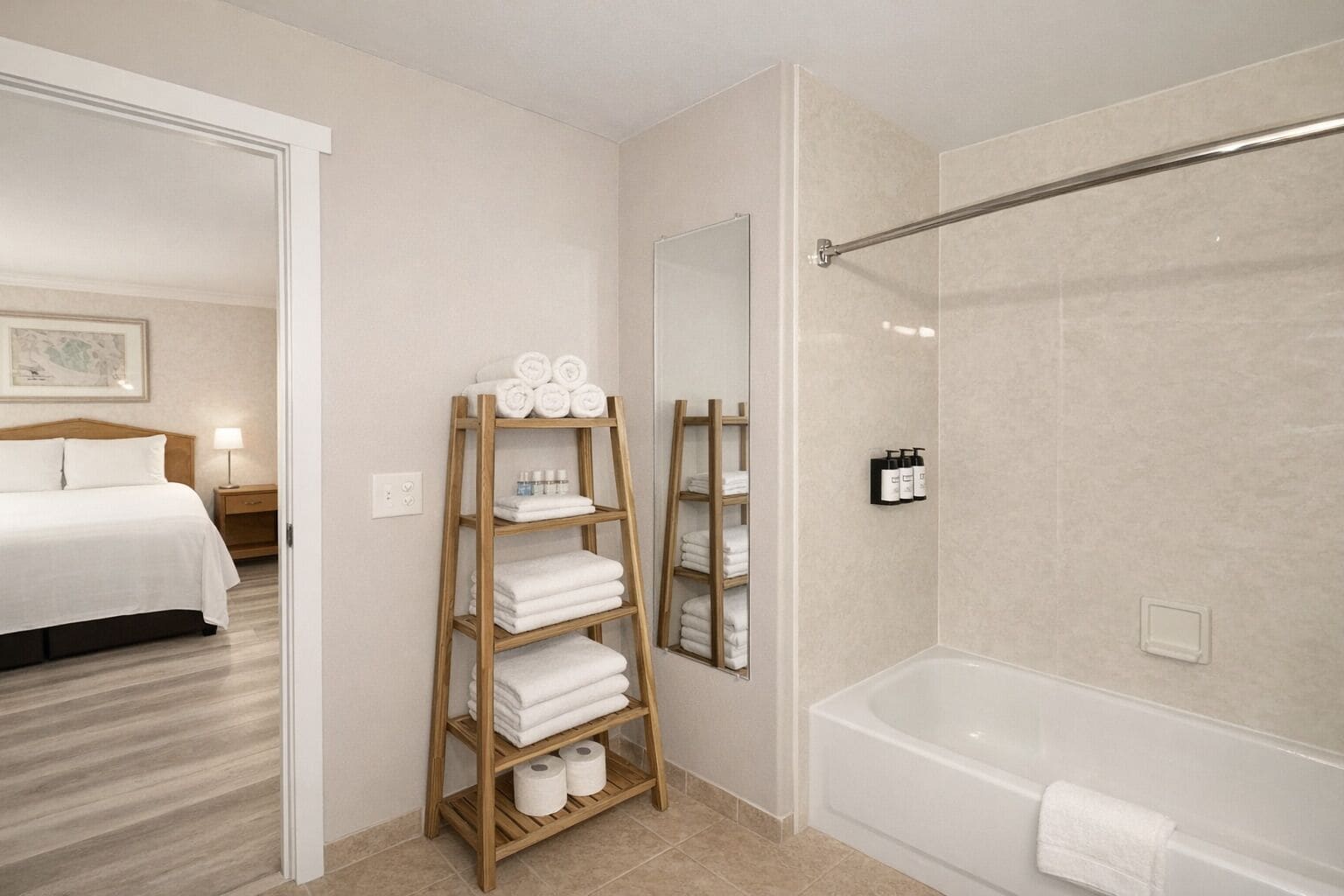 A hotel bathroom with a bathtub, a wooden shelf with towels, and a mirror.