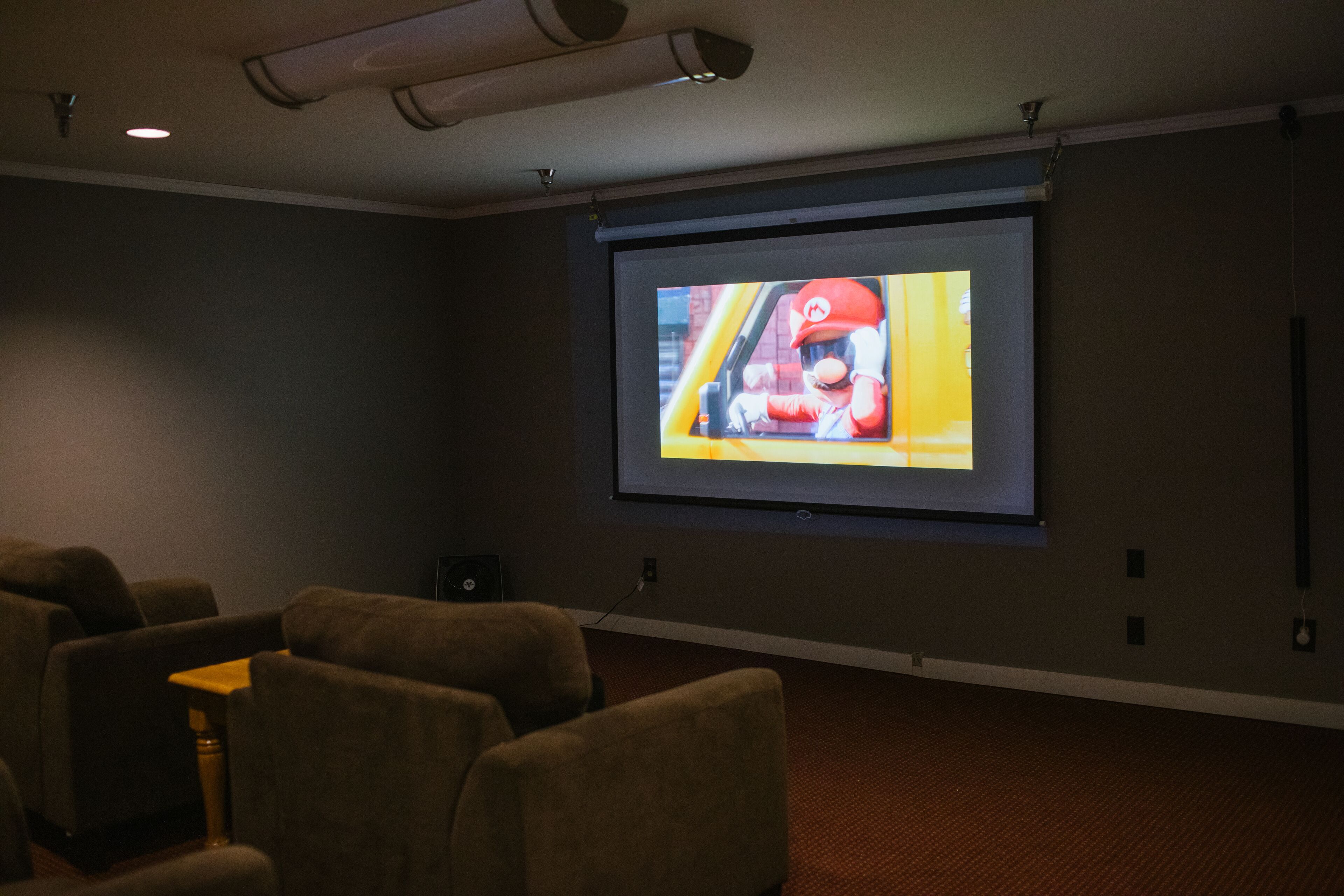 A movie theater with rows of seats and a large screen displaying a character.