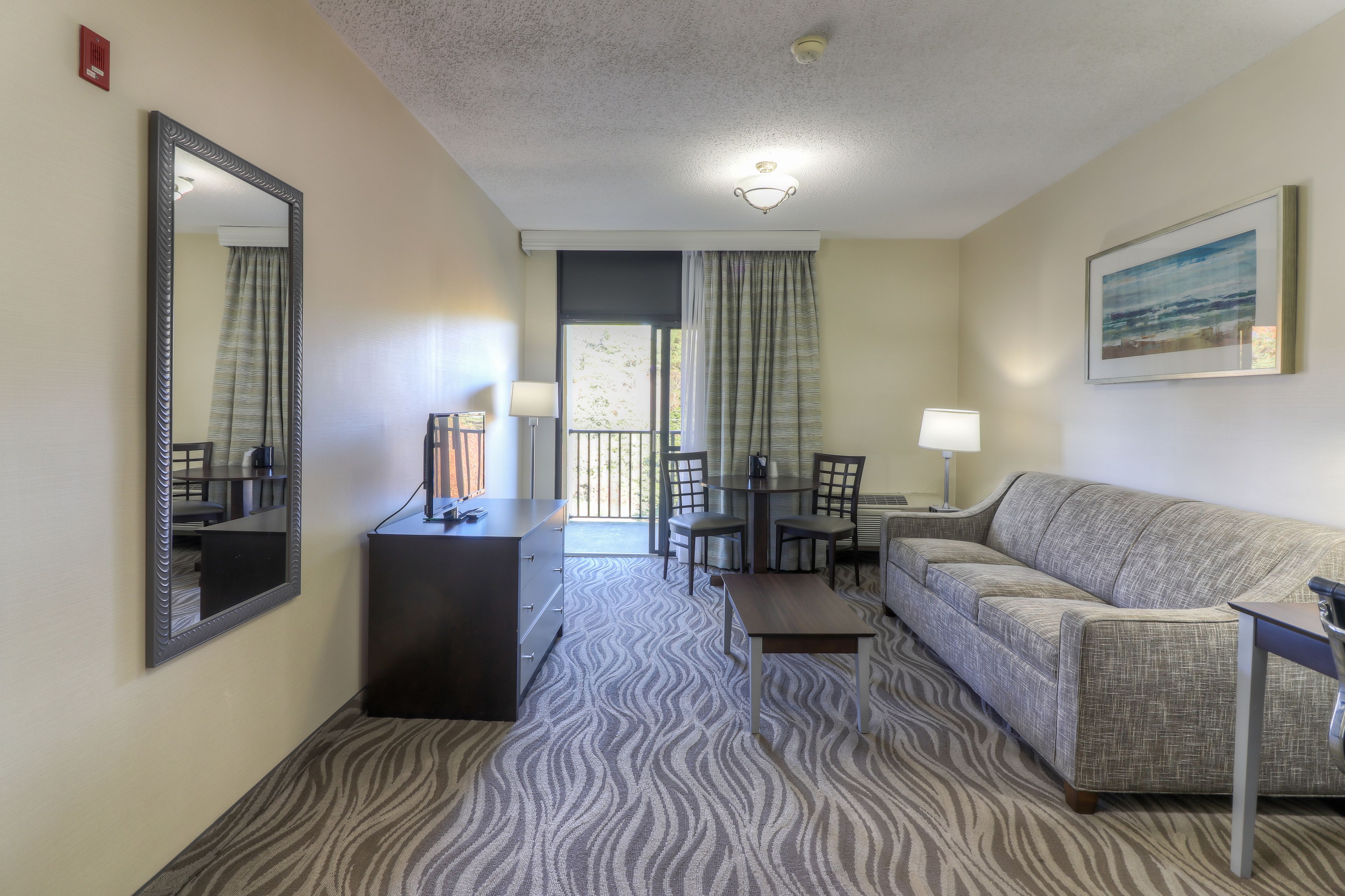 A hotel room with a zebra-patterned carpet, a sofa, a dining table with chairs, a large mirror, and a painting on the wall.