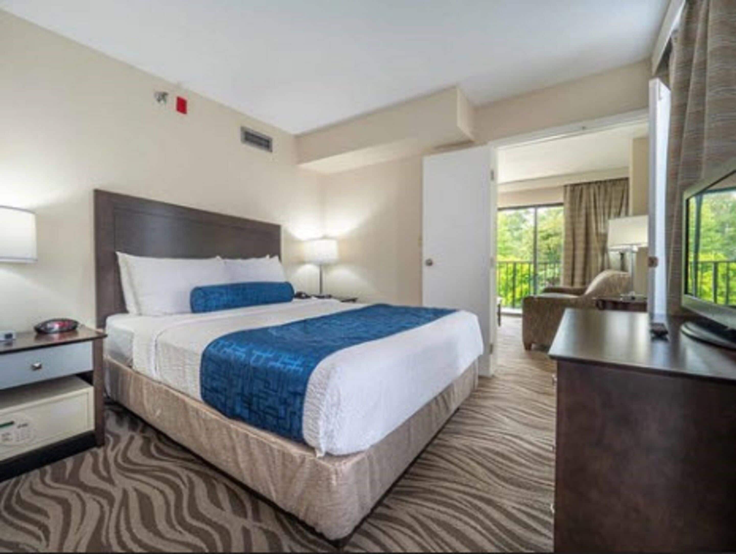 A hotel room with a bed, bedside table, lamp, and a view of the outdoors.
