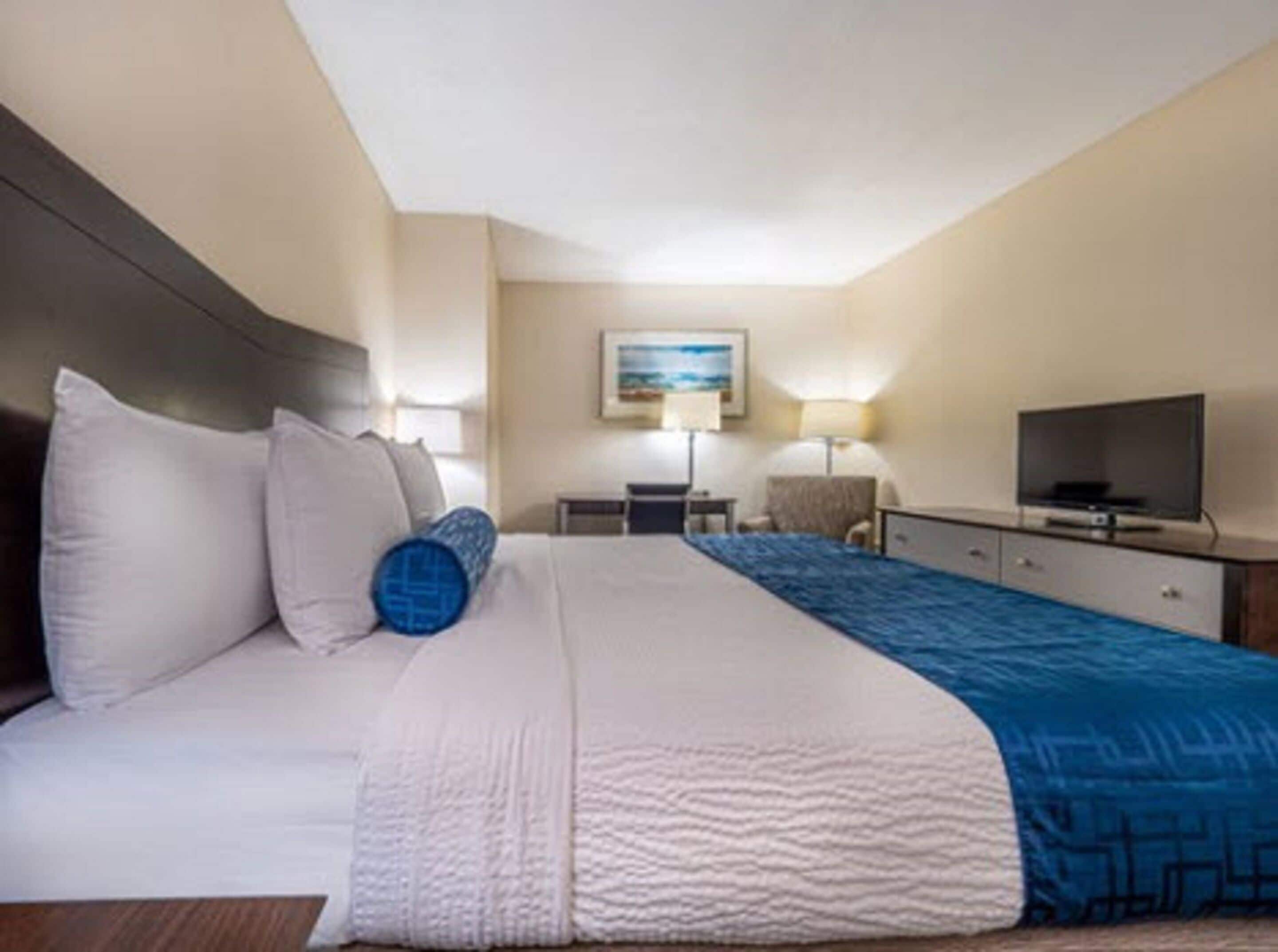 Une chambre d’hôtel avec un lit, un bureau, une chaise, une télévision et un tableau au mur.