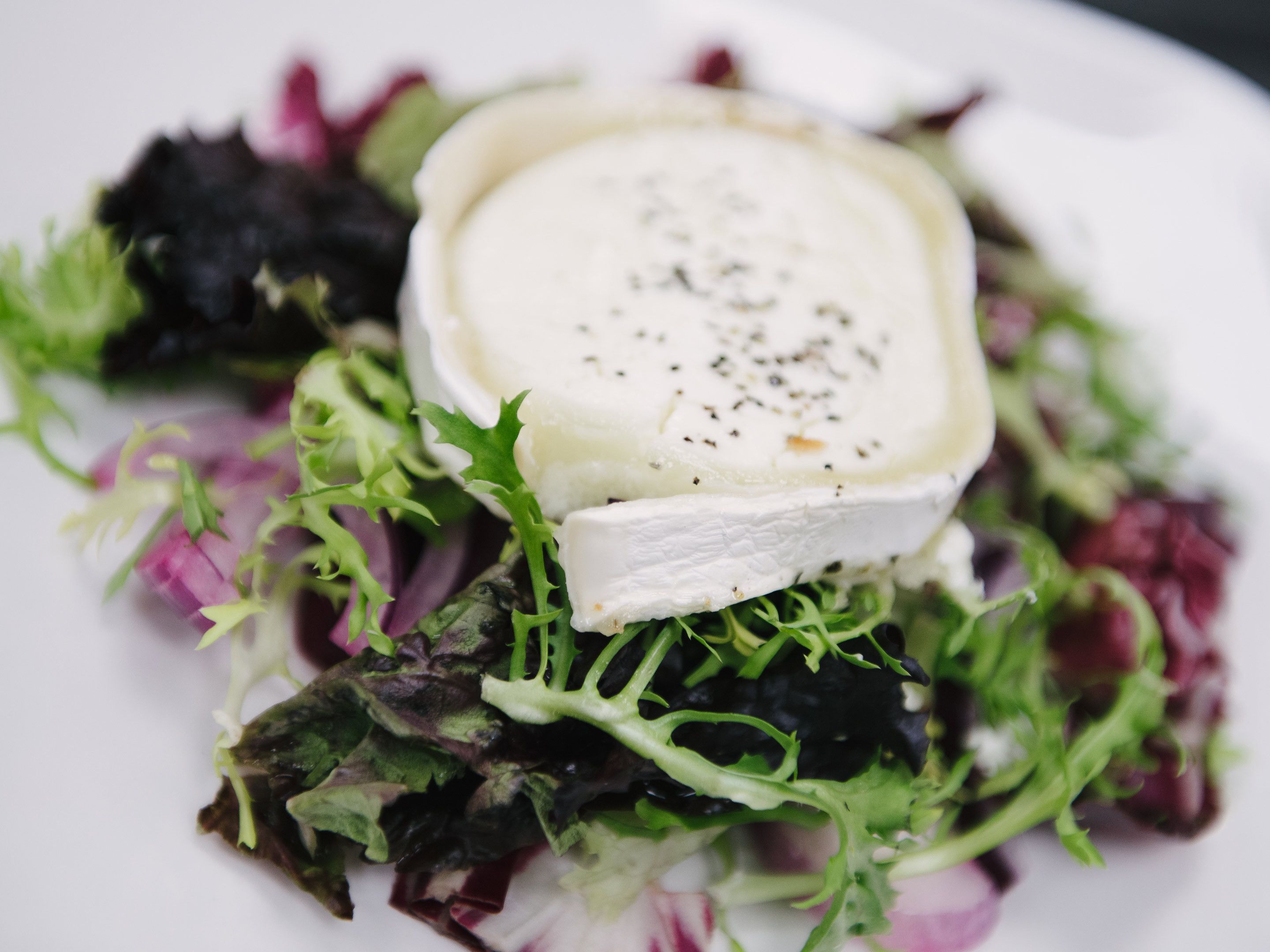 En tallerken med hvidost, salatblade i grønne og lilla nuancer samt sort peber.