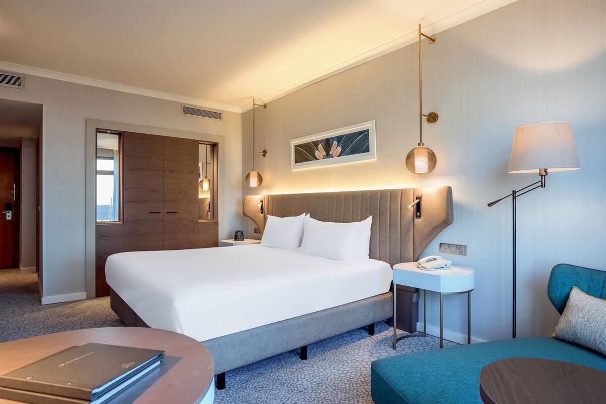 A hotel room with a large bed, bedside table, lamp, and a view of the city.