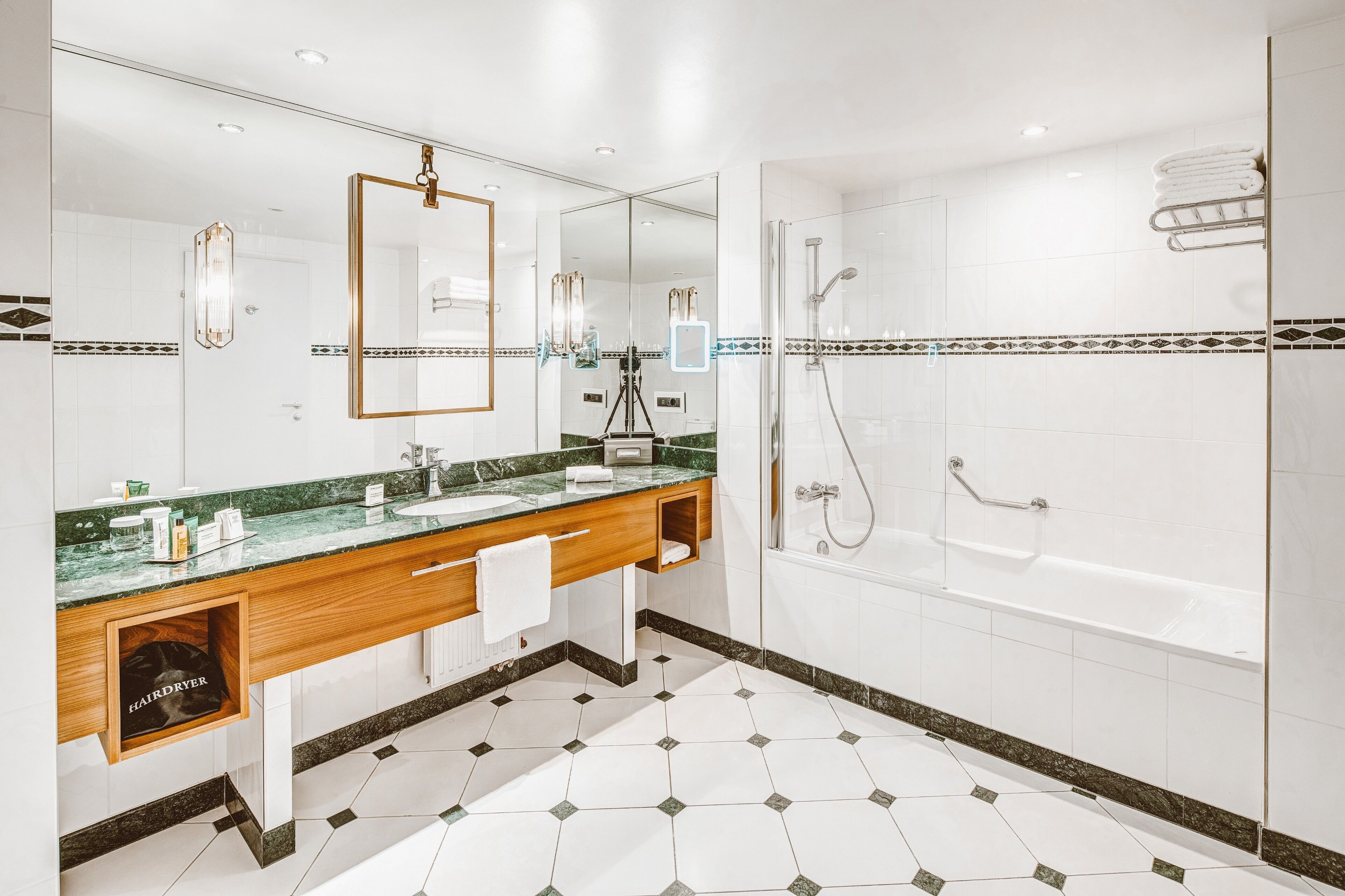 free toiletries, hair dryer, towels