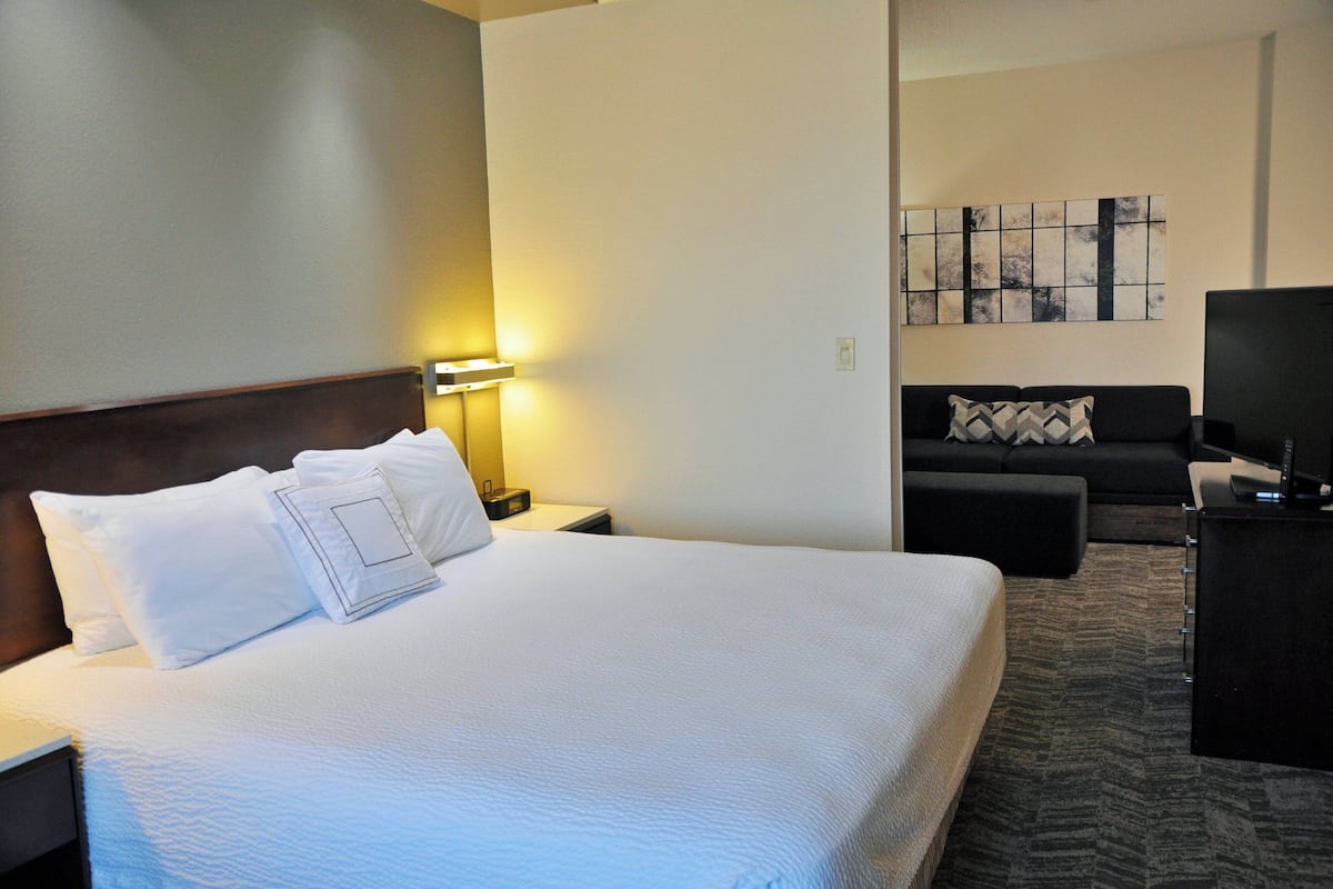 A hotel room with a large bed, a nightstand with a lamp, a sofa, and a TV.