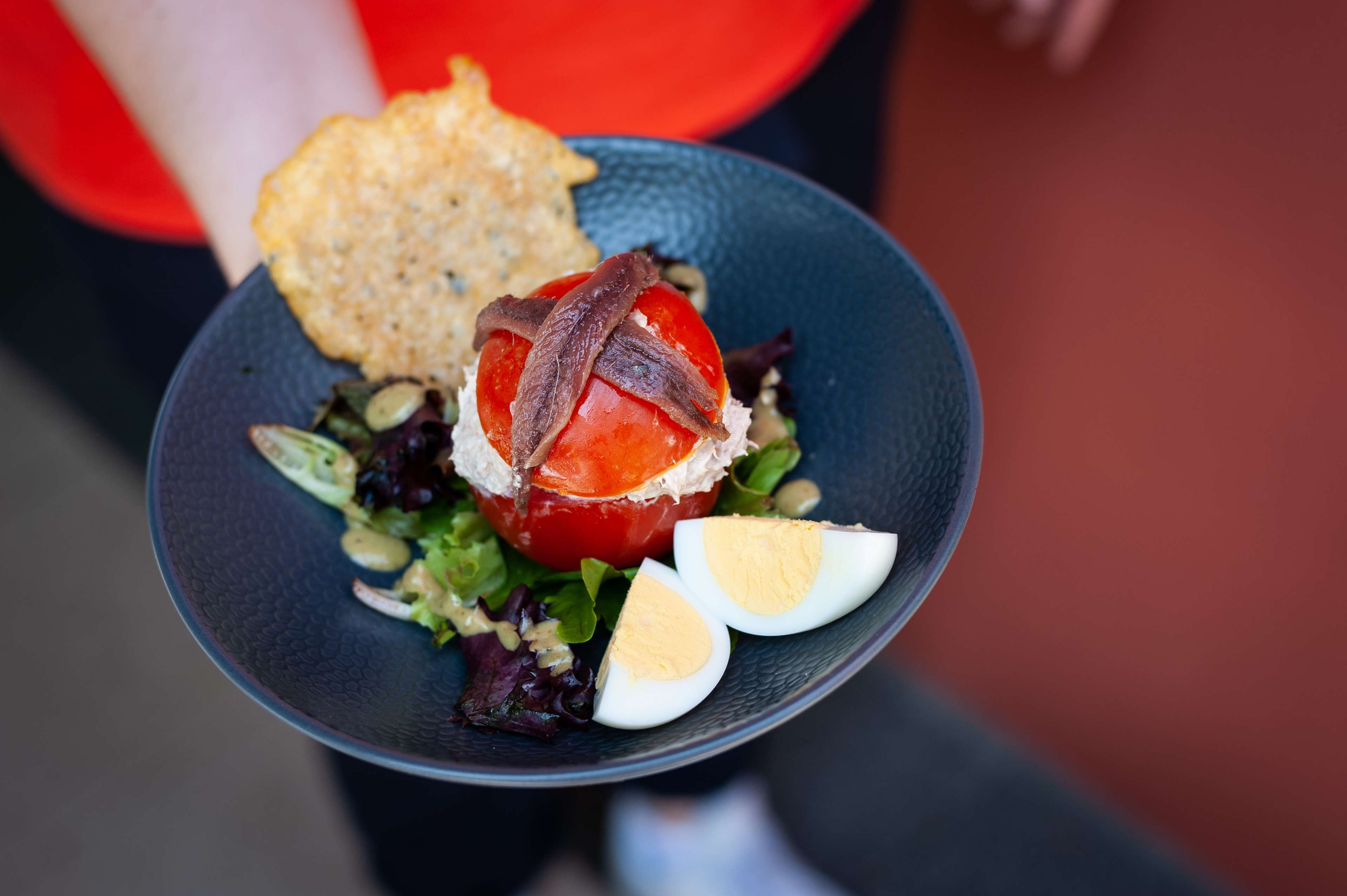 Une assiette contenant une salade, un œuf dur et un morceau de poisson, le tout présenté sur une assiette foncée.