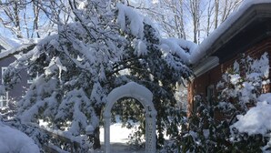 A snow-covered garden with a white archway leading to a brick building.