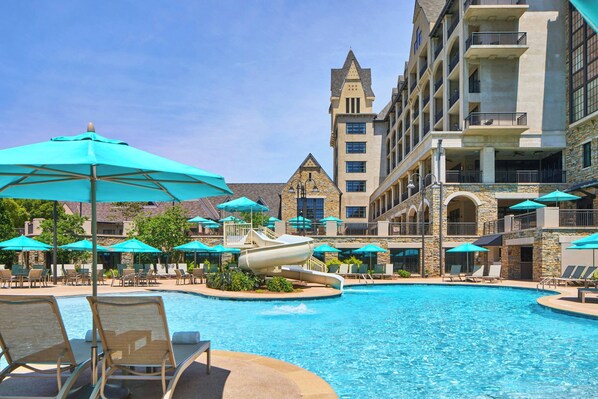 Indoor pool, outdoor pool, pool umbrellas, pool loungers