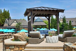 Indoor pool, outdoor pool, pool umbrellas, pool loungers