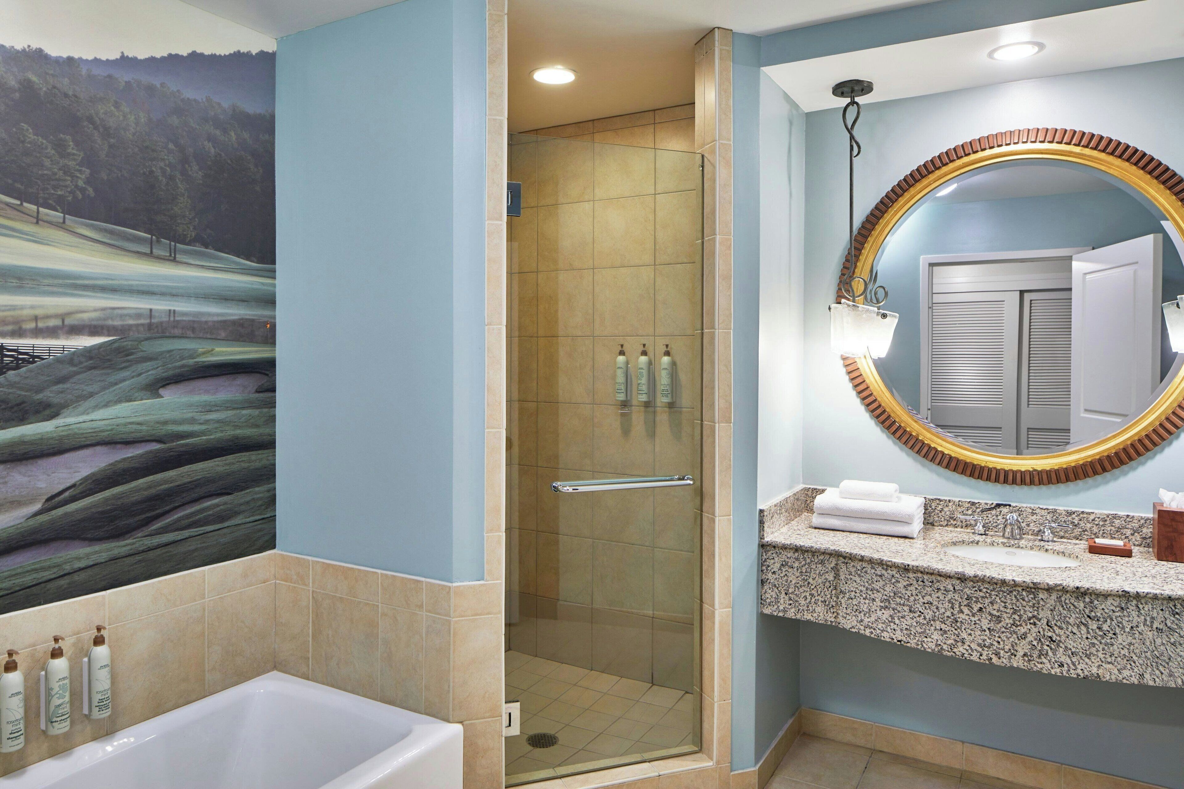 Une salle de bain avec une douche, un lavabo et un grand miroir.