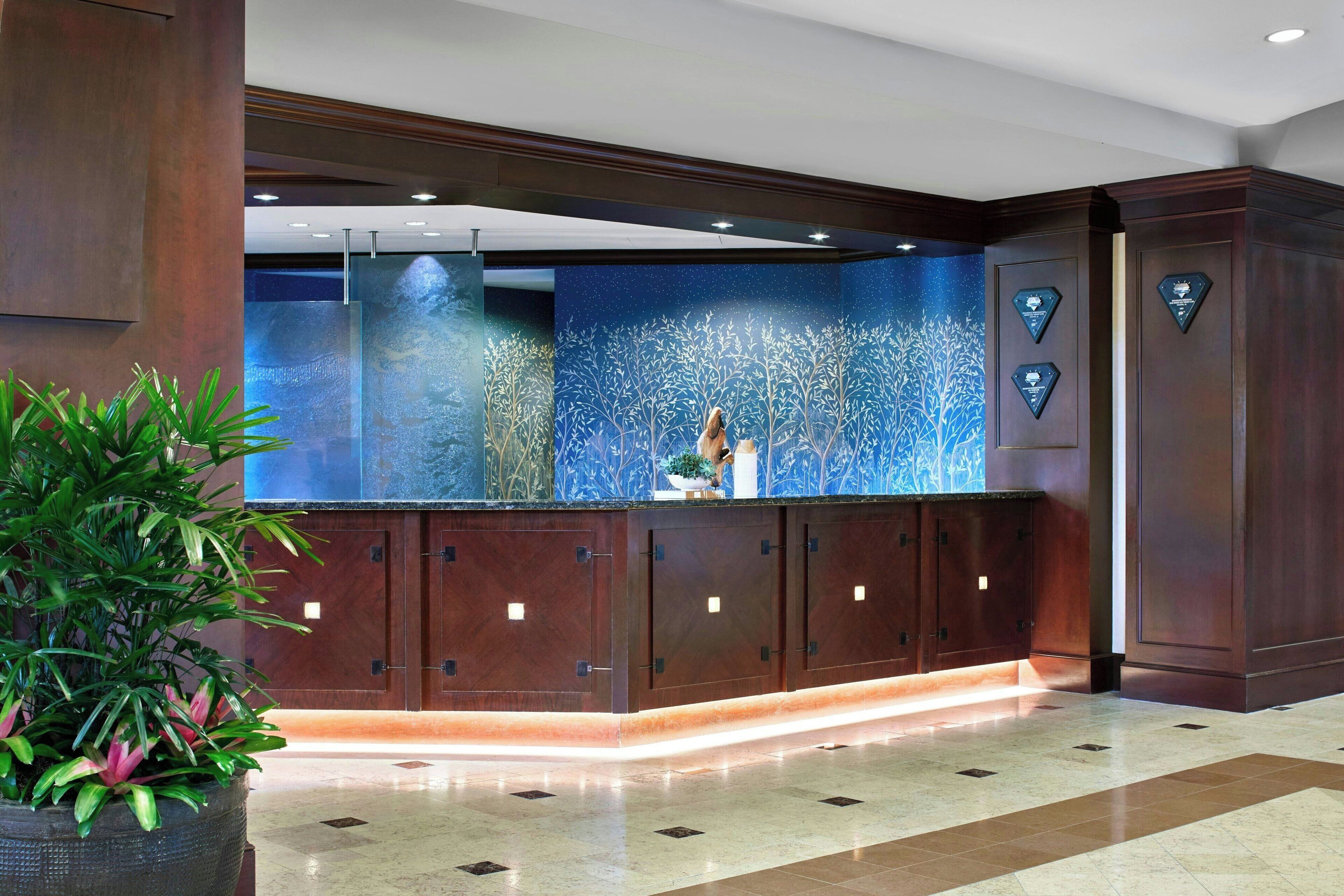 A reception area with a dark wood reception desk, a large potted plant, and a wall with a blue abstract design.