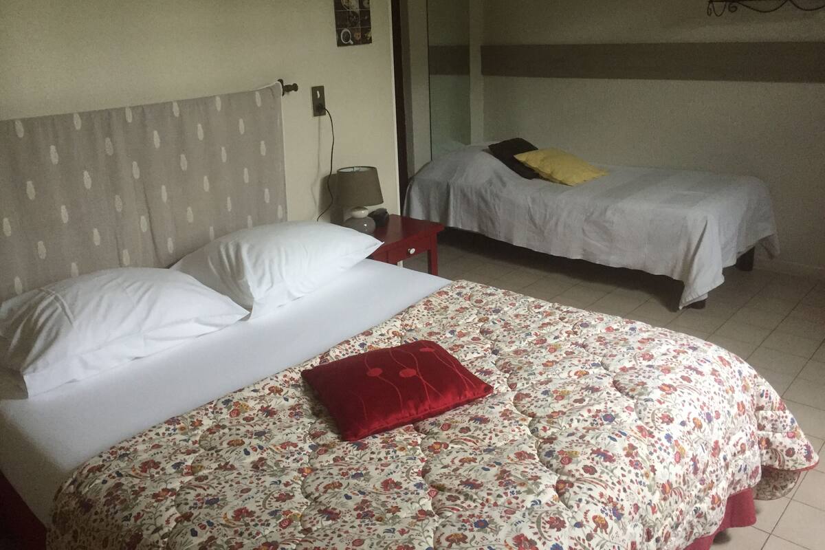 A hotel room with two beds, one with a floral bedspread and the other with a plain cover. There is a red pillow on the bed with the floral bedspread.