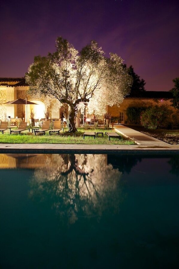 Outdoor pool, pool umbrellas, pool loungers