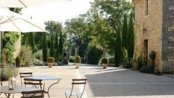 Un espace extérieur aménagé en terrasse, avec des tables et des chaises, entouré de plantes en pot et d’arbres.
