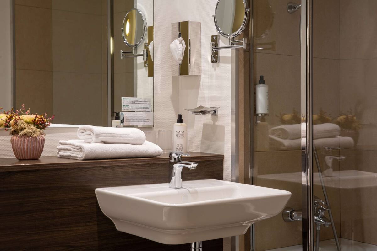 combined shower/bathtub, free toiletries, hair dryer, towels