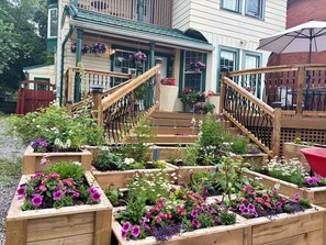 A wooden staircase leading to a porch with hanging flower baskets. - Ellis House B&B, Niagara Falls (Niagara Falls)