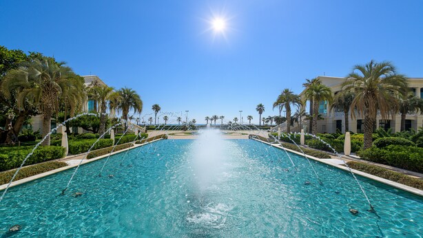 A large outdoor swimming pool with clear blue water, surrounded by palm trees and buildings. - Hotel Las Arenas Balneario Resort (Valencia)