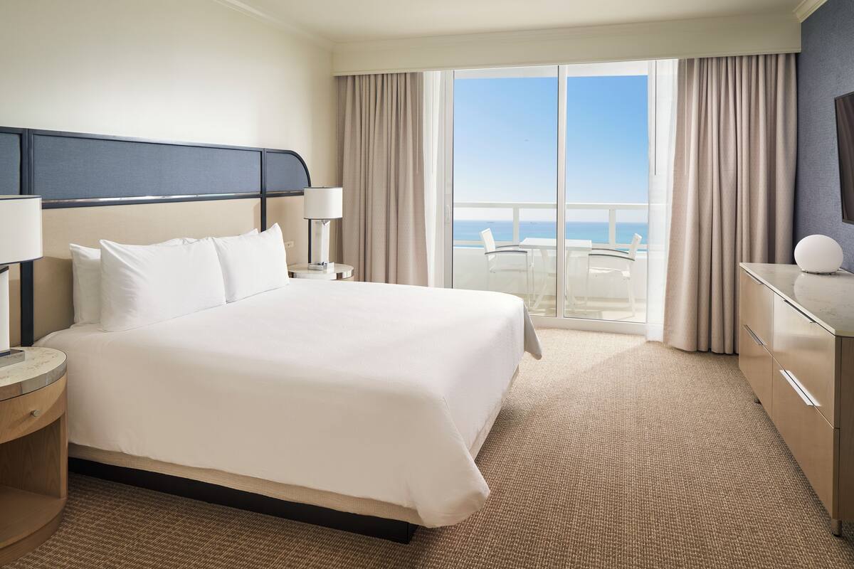 A hotel room with a large bed, a nightstand, a desk, a chair, and a view of the ocean through a sliding glass door.