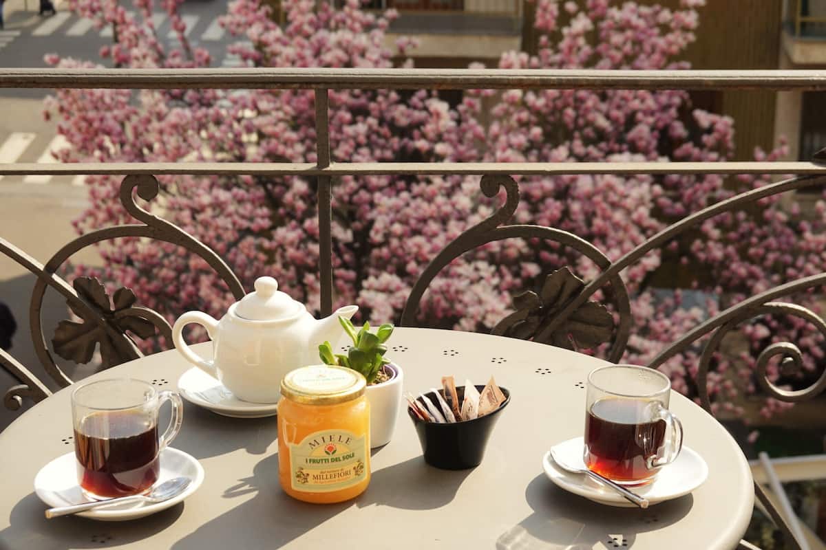 A table with two cups of tea, a teapot, a jar of honey, and a small potted plant.