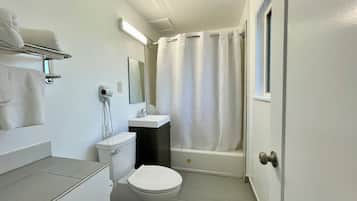 Basic Single Room, 1 King Bed, Refrigerator & Microwave | Bathroom | Combined shower/bathtub, free toiletries, hair dryer, towels