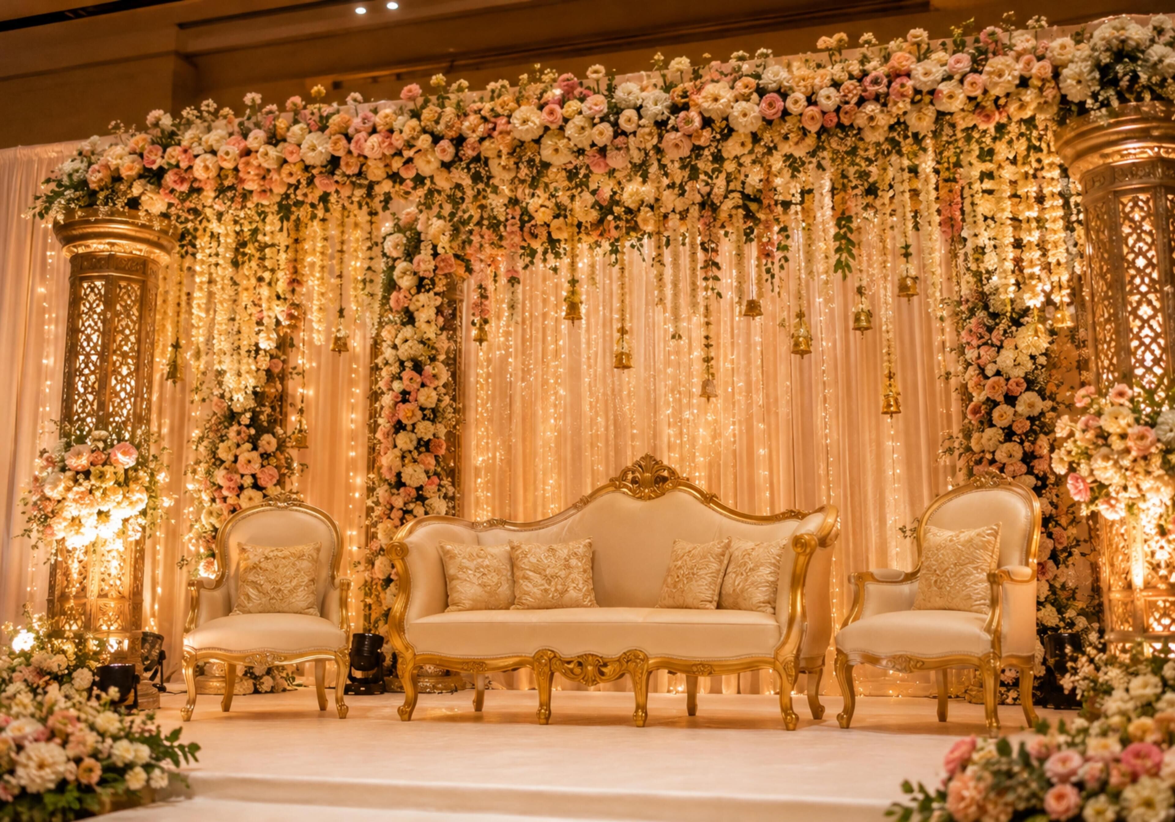 A stage with a sofa and two chairs, surrounded by floral arrangements and draped curtains.