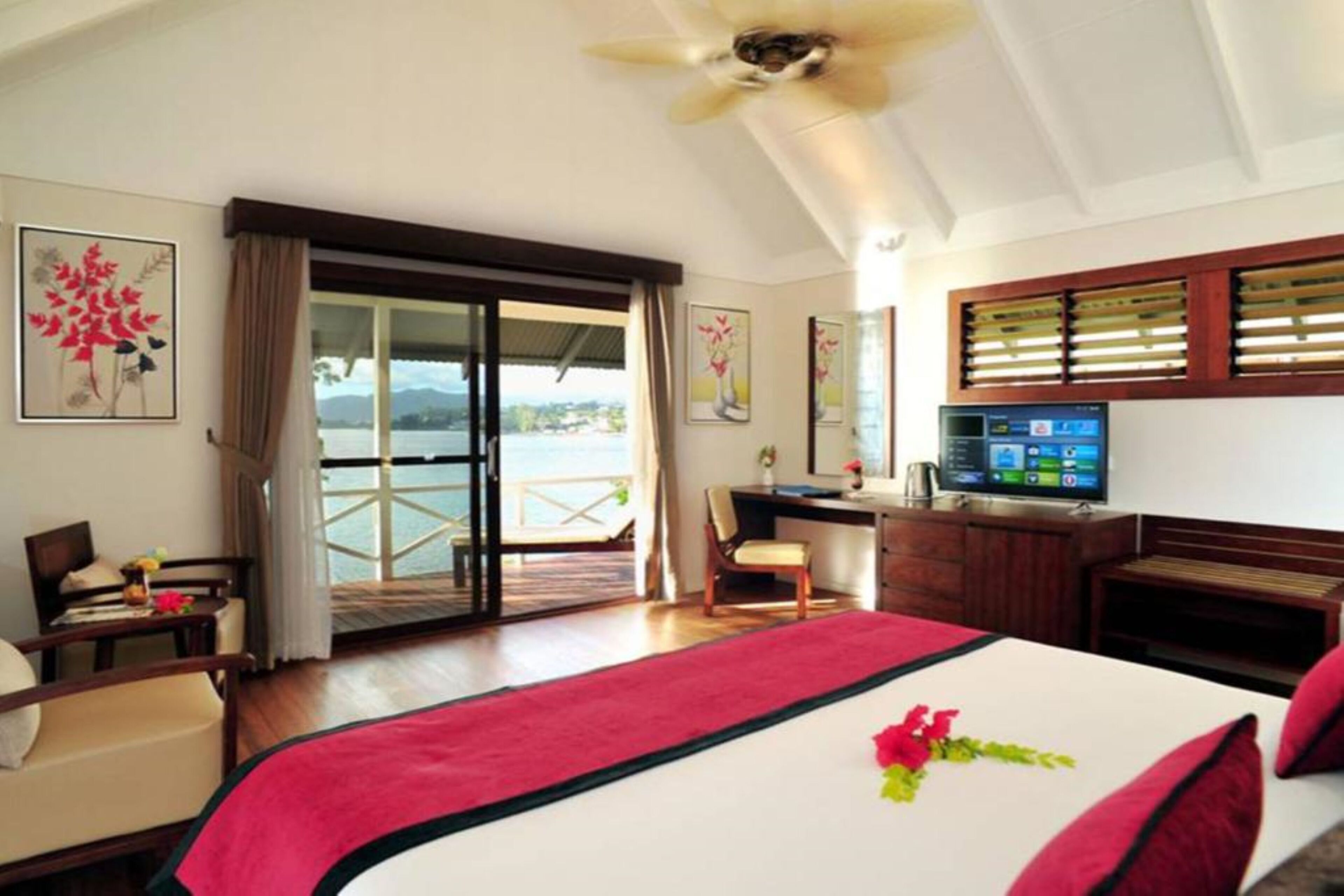 A hotel room with a bed, a desk, a chair, a television, and a view of the sea through a sliding door.