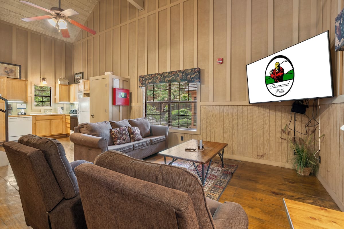 Cabin, 2 Bedrooms, 2 Bathrooms | Living area | 42-inch LCD TV with cable channels, fireplace