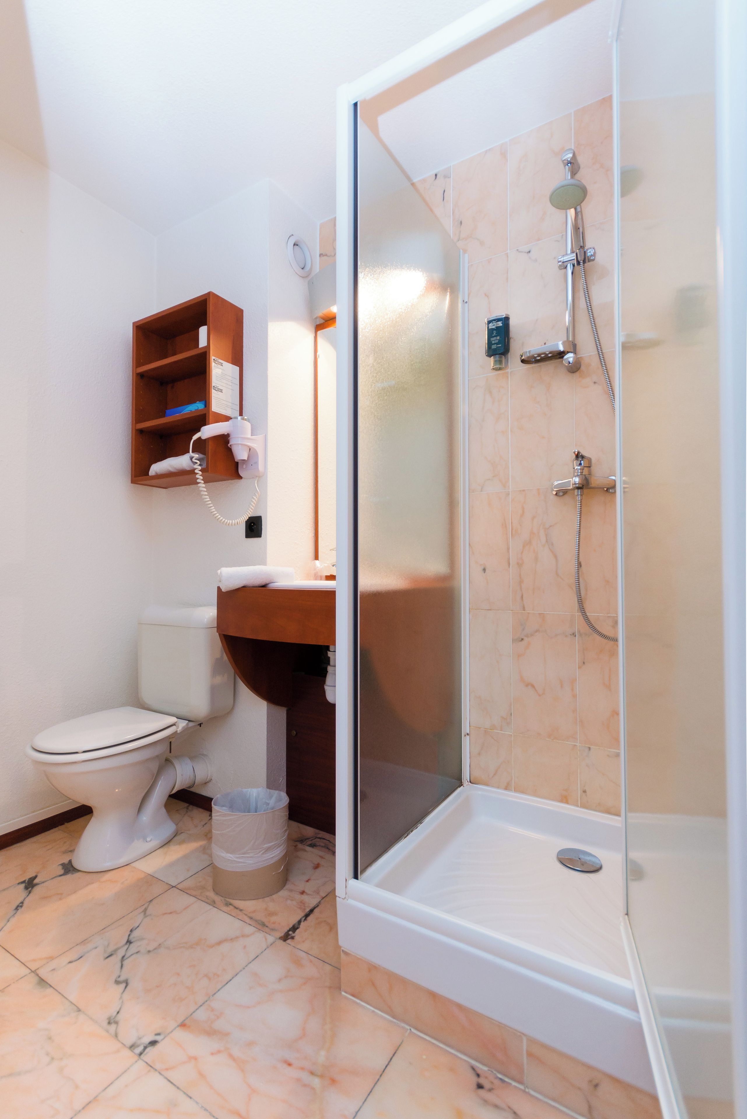 A bathroom with a toilet, a sink, a shower, and a glass-enclosed shower stall.