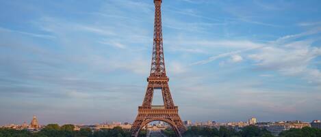 The Eiffel Tower with a clear view of the surrounding park and cityscape.
