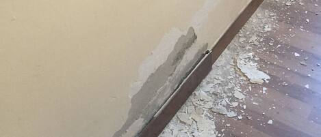 A hallway with peeling paint on the wall and scattered debris on the floor.